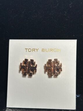 Tory Burch Rose Gold Double T Logo Stud Earrings | Signature Designer Studs